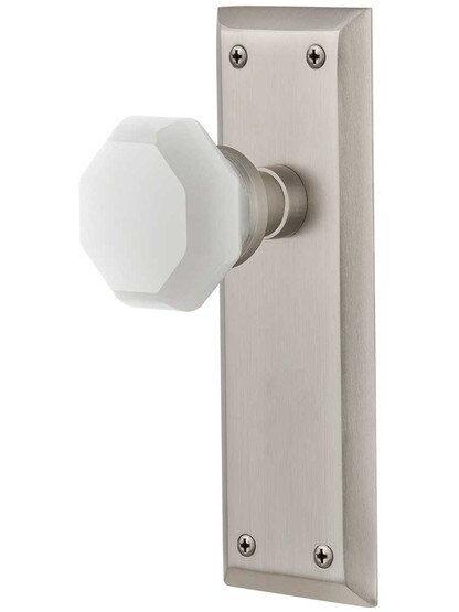 New York Door Set with Milk White Waldorf Crystal Glass Knobs in Satin Nickel.